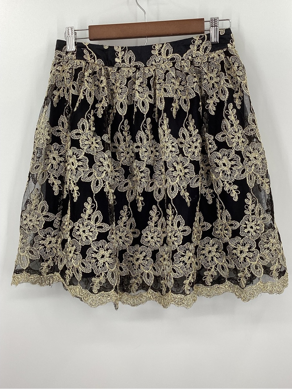 buttons Black Mini  Skirt with Gold Lace Overlay